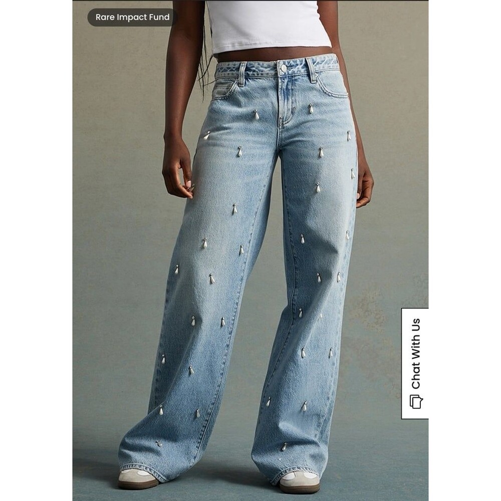 NWT RARE DNM EDIT Light Indigo Pearl & Rhinestone Low Rise Baggy Jeans - size 26